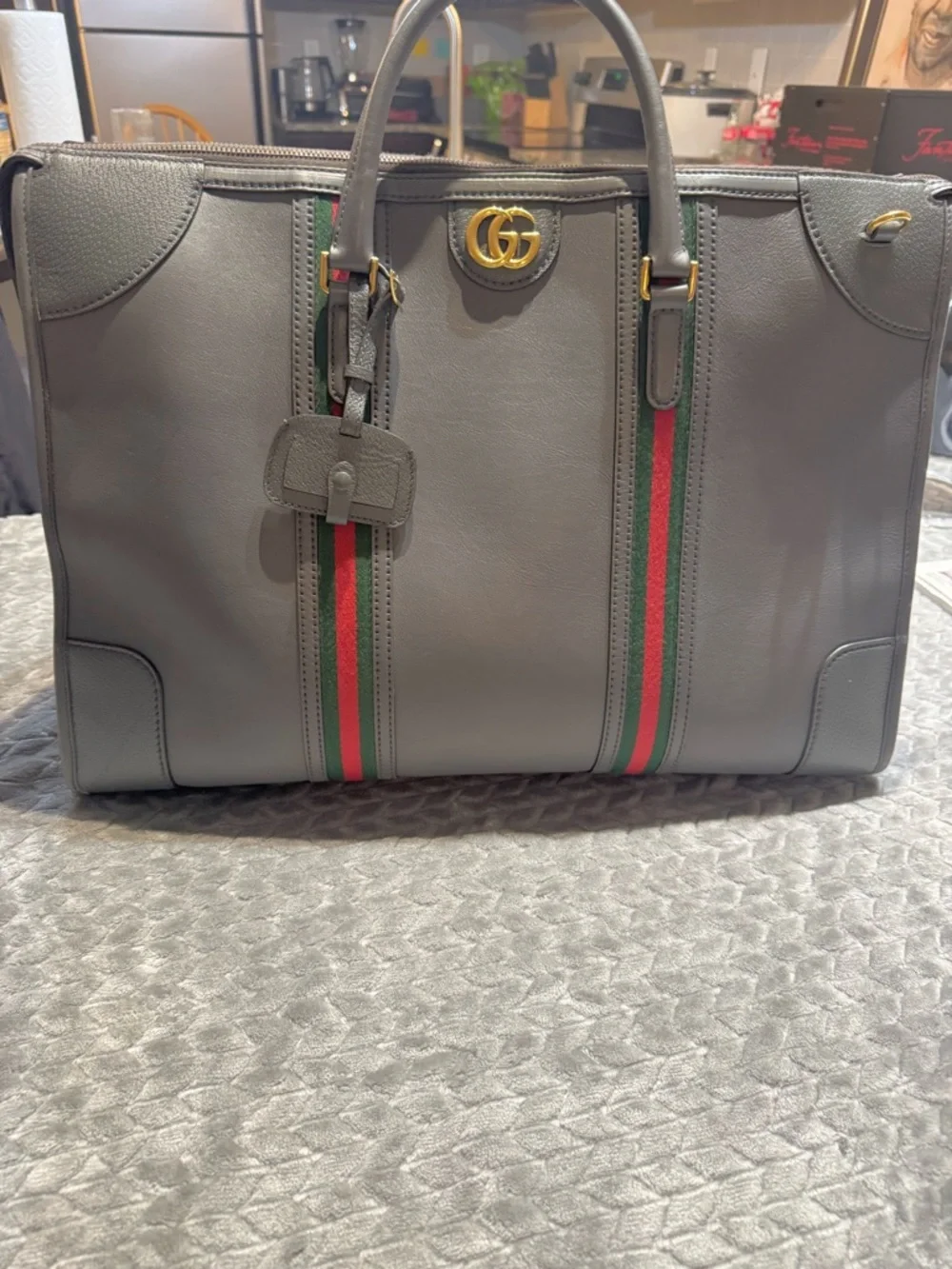 Gucci Gray Leather Duffel with Green and Red Web Stripes